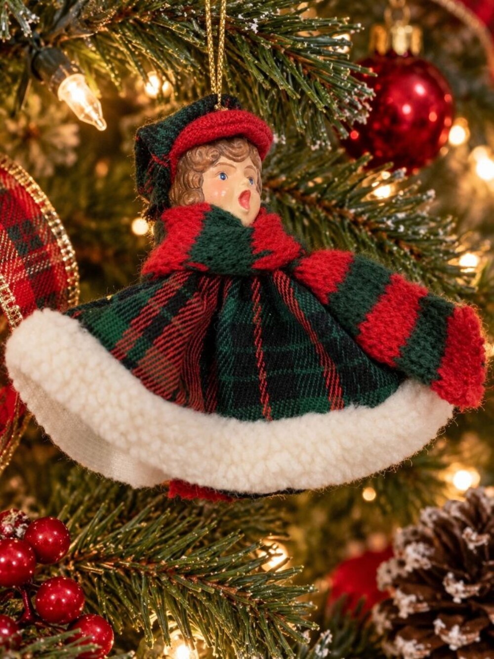 Vintage 80s Victorian Doll Head Caroler Christmas Ornament Holiday Decor